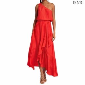Ramy Brook One-Shoulder Red Ruffled Maxi Dress